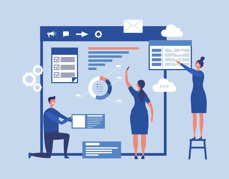 Illustration of a team working with dashboards and reports